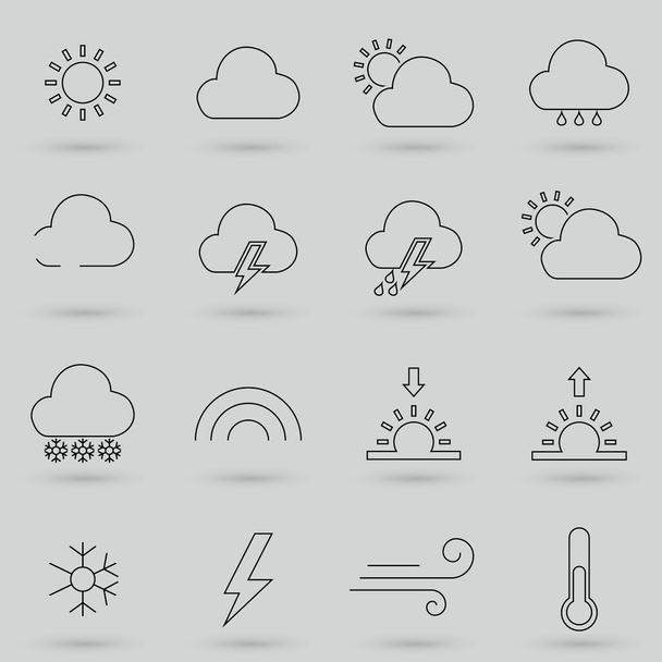 Zestaw ikon linii wektorowych prognoz pogody. Zawiera symbole słońca, chmury, płatki śniegu, wiatr, tęcza, księżyc i wiele więcej. Edytowalny udar. 32x32 piksele - Wektor, obraz