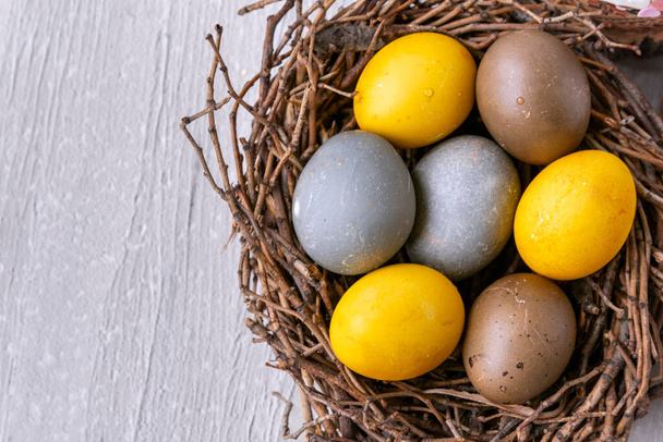 Os ovos de Páscoa decorados em pássaros aninham em uma superfície concreta. Vista superior. Feliz Páscoa - Foto, Imagem