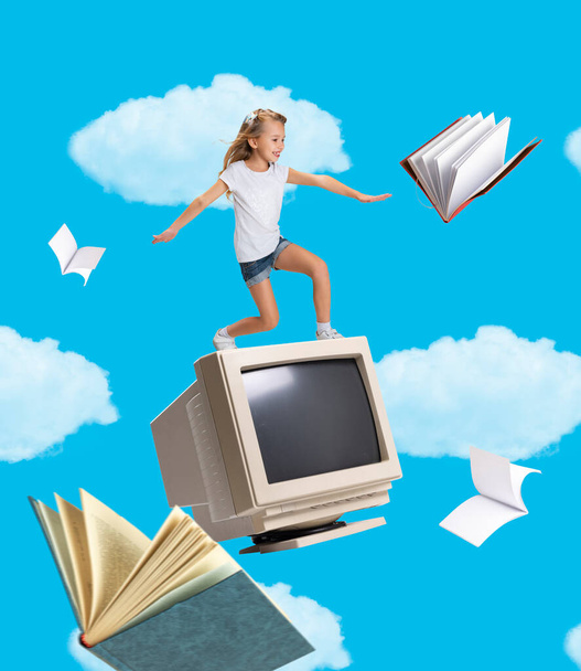 Contemporary art collage of child, girl flying, surfing on big retro computer isolated over blue background. Retro style gadgets - Fotoğraf, Görsel