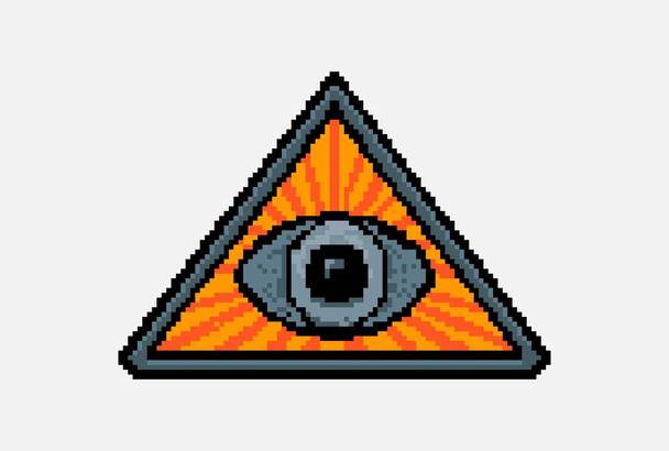 輝く光線と三角形の密教の眼のシンボル。ピクセルアートデザインスタイルの独立したラベルアイコン - ベクター画像