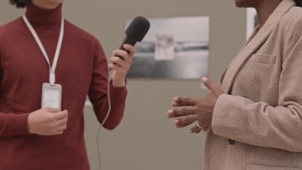 Gehakte slowmo-opname van Afro-Amerikaanse vrouwelijke fotografe over haar werk tijdens interview in galerie hedendaagse kunst - Video