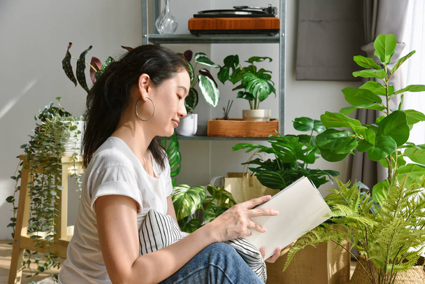 Woman chilling and reading in living room, Artificial plant, Fiddle leaf fig tree, Indoor tropical natural houseplant for home interior and air purification. - Photo, Image
