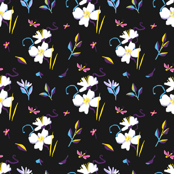 Seamless pattern. Bright flowers. Floral background. Nature illustration for wrapping paper, textiles, decorations. - Foto, Imagem