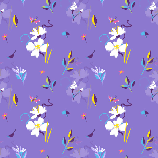 Seamless pattern. Bright flowers. Floral background. Nature illustration for wrapping paper, textiles, decorations. - 写真・画像