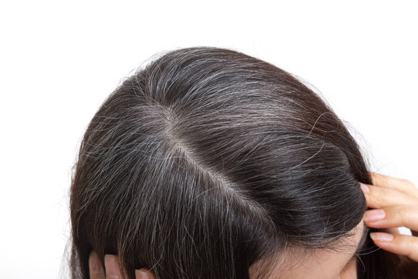Cabello canoso en la cabeza de una mujer sobre un fondo blanco. De cerca la textura de los cabellos grises. El concepto de pelo gris temprano. - Foto, Imagen