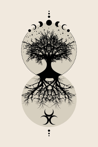Священное дерево и полумесяц. Тройная богиня мистические фазы луны, дерево жизни, священная геометрия. Знак Матери-Земли Викки, старый знак, энергетический круг, вектор в стиле бохо, изолированный на винтажном фоне - Вектор,изображение