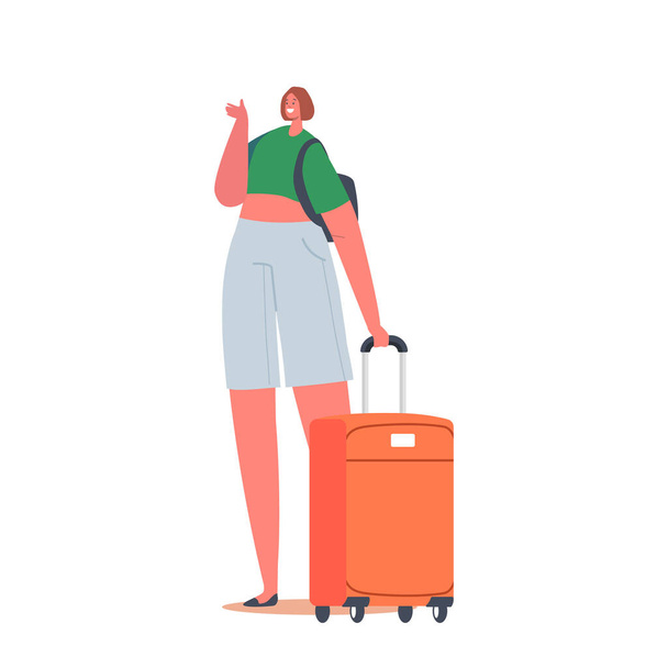 Donna in aeroporto Attendere Registrazione. Carattere turistico con imbarco bagagli in aereo. Ragazza viaggiatore andare in aereo - Vettoriali, immagini