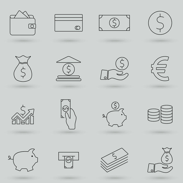 Simple Set of Money Related Vector Line Icons. Contains such Icons as Wallet, ATM, Bundle of Money, Hand with a Coin and more. Outline web icon set - Вектор,изображение