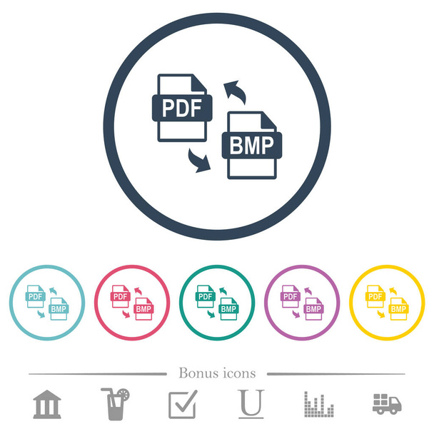 PDF BMP soubor konverze ploché barevné ikony v kulatých obrysech. 6 bonusových ikon zahrnuto. - Vektor, obrázek