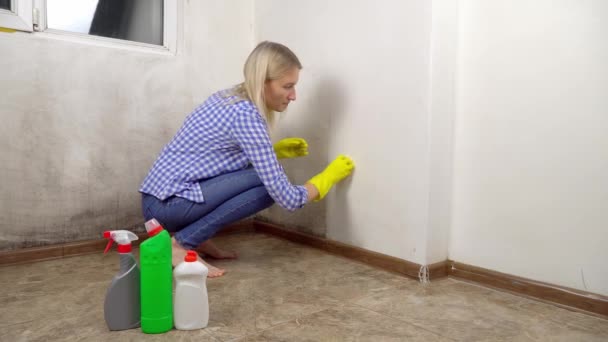 блондинка, стирает белую стену в квартире с пеной, губки в желтых перчатках - Кадры, видео