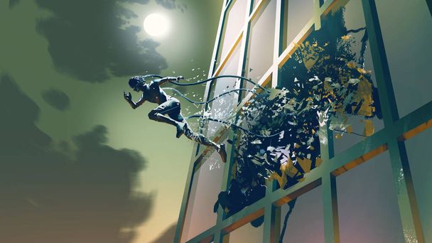 Φουτουριστικός άνθρωπος τρέχει σπάζοντας μέσα από το γυαλί του κτιρίου στη νυχτερινή σκηνή, ψηφιακή τέχνη στυλ, ζωγραφική εικόνα - Φωτογραφία, εικόνα