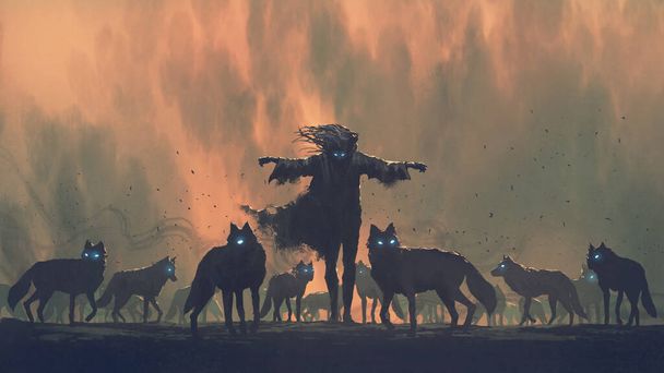 Il mago in piedi tra i suoi lupi demoniaci, stile arte digitale, illustrazione pittura - Foto, immagini