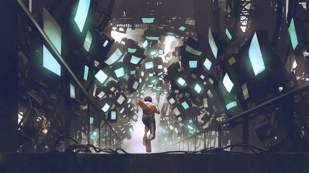 Cyberpunk concept toont een man die loopt langs een futuristisch pad vol monitors, digitale kunst stijl, illustratie schilderen - Foto, afbeelding