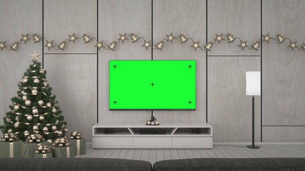 Χριστούγεννα Σαλόνι και τηλεόραση με την πράσινη οθόνη κομμάτι. 3d απόδοση. - Φωτογραφία, εικόνα