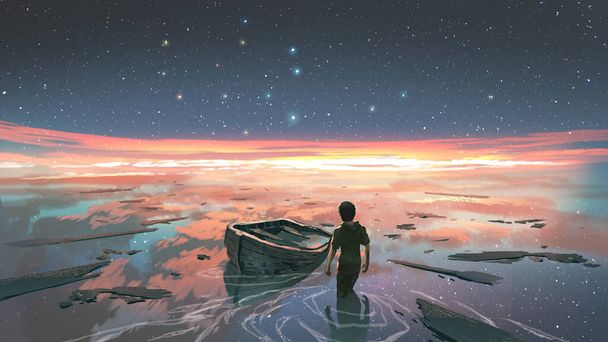 Un homme debout dans une rivière avec son naufrage sur fond de ciel à l'envers, style art numérique, peinture d'illustration - Photo, image