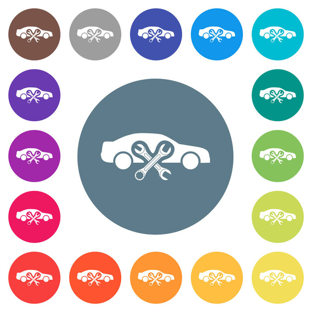 Taller de reparación de automóviles iconos blancos planos sólidos sobre fondos de color redondo. 17 variaciones de color de fondo se incluyen. - Vector, Imagen
