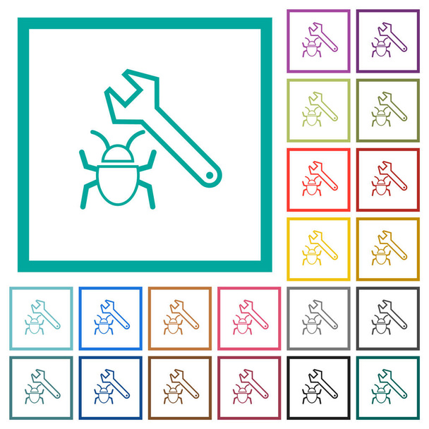 Bug fixation contour des icônes de couleur plate avec cadres quadrant sur fond blanc - Vecteur, image