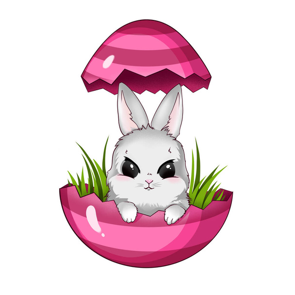 Χαριτωμένο λαγουδάκι του Πάσχα, κουνέλι κάθεται σε ένα σπασμένο αυγό, κέλυφος αυγού, ευτυχισμένη άνοιξη, κάρτα διακοπών χειροποίητα σε στυλ κινουμένων σχεδίων, απομονώνονται σε ένα λευκό φόντο. - Φωτογραφία, εικόνα