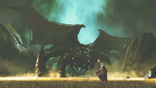 Le sorcier lance un sort pour invoquer un monstre géant, style art numérique, illustration peinture - Photo, image