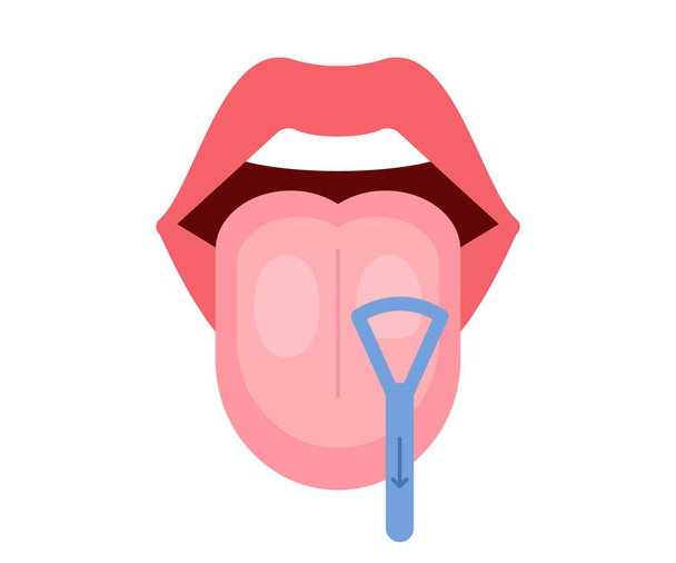Clean tongue throat cleaner scraper in mouth. Tongue cleaning. Halitosis prevention. Vector illustration - Vector, Image