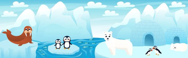 Jäämaisema söpö sarjakuva eläimiä kalaa ja jäävuori, arktinen kohtaus jääkarhu ja pingviinit, arktinen puffins, hylje istuu lumessa, vaakasuora eläintarha juliste - Vektori, kuva