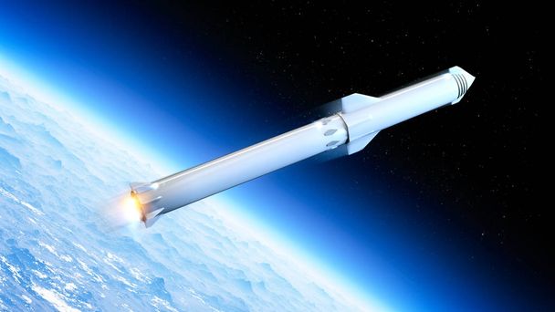 Egy rakéta, ami egy űrhajót visz ki a Föld pályájáról. A jövő felszáll a Holdra és a Marsra. Más világok gyarmatosítása. Bolygóközi utazások új világokba. 3D-s renderelés - Fotó, kép