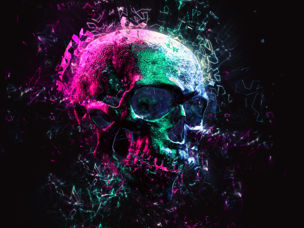 Neon synthwave cranio esplode in poligoni brillanti - Foto, immagini