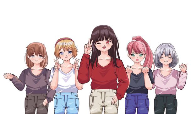pięć dziewczyn w stylu anime - Wektor, obraz