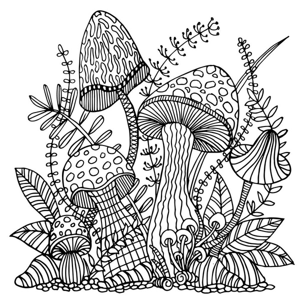 Рисунок нарисован контурными волшебными грибами летающими агарическими, жабьими табуретами на фоне листьев. Иллюстрация для раскраски, антистресс - Вектор,изображение