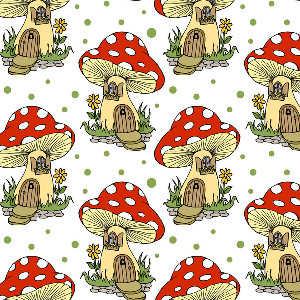 Bezešvé vzor, kreslené magické houby létat agarické ve formě domů. Textilie pro děti, tapety, tisk - Vektor, obrázek