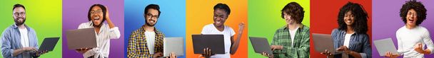 Venda online. Retratos de várias pessoas multiétnicas felizes que mantêm computadores portáteis - Foto, Imagem