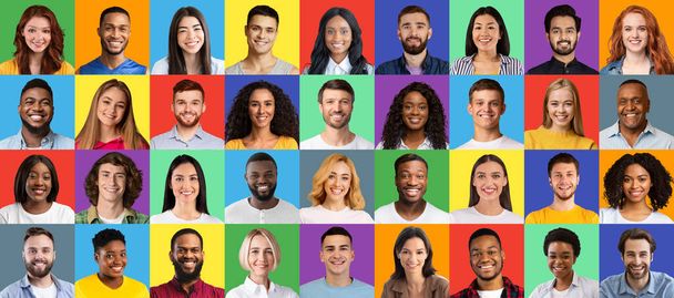 Портреты многонациональных женщин и мужчин разных рас и возрастов, улыбающихся на красочных студийных фоне, коллаже - Фото, изображение