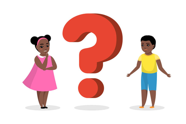 Černý africký americký chlapec a dívka stojí blízko velkého otazníku. Koncept získávání znalostí od přemýšlivých mladých lidí. Zvědavé děti kladou otázky a hledají odpovědi. Eps ilustrace - Vektor, obrázek
