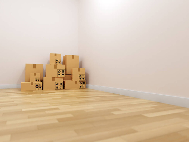 3D vykreslování prázdné místnosti s parketovou podlahou a navršenými kartonovými pohyblivými boxy v rohu - Fotografie, Obrázek