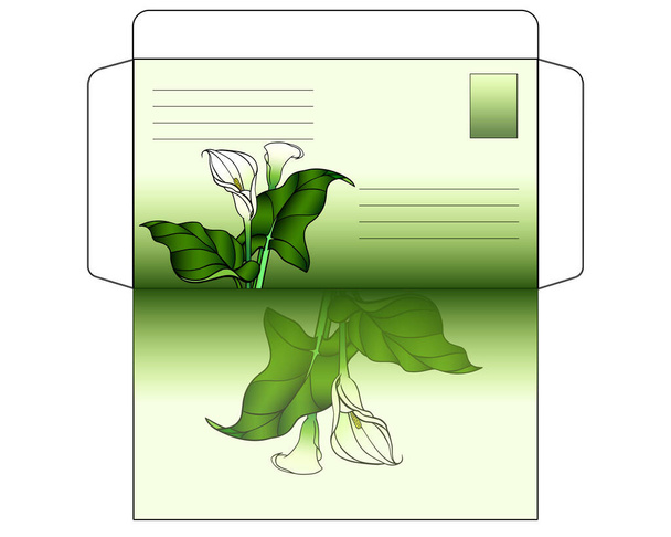 Envelope with Calla lilies, unwrapped - vector full color template for cutting and gluing an envelope decorated with flowers and leaves. Envelope with callas - ベクター画像