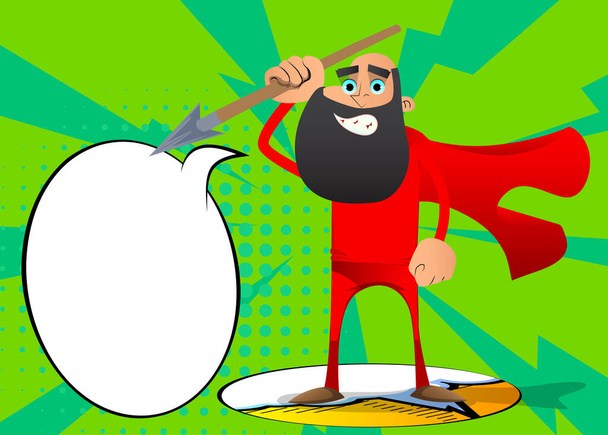 Divertido hombre de dibujos animados vestido como un superhéroe sosteniendo la lanza en su mano. Ilustración vectorial. - Vector, imagen