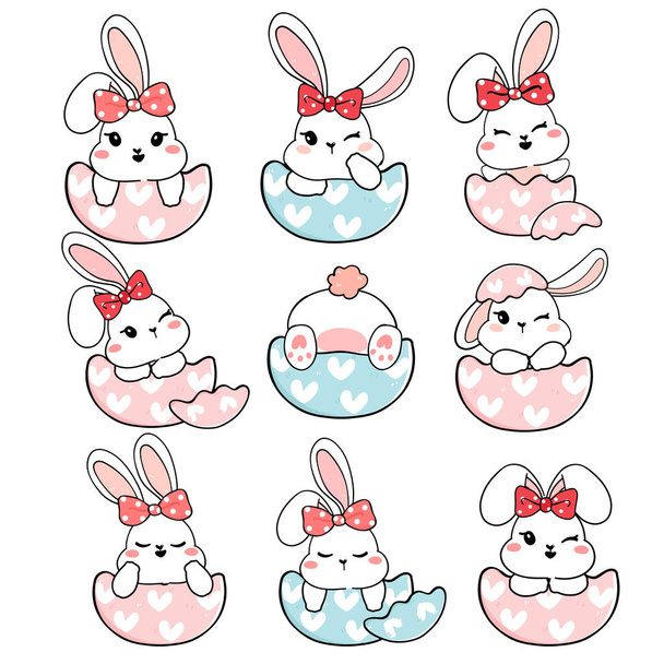 Kırık Paskalya yumurtası kabuğu koleksiyonunda fiyonk başı olan sevimli beyaz tavşan bebek tavşan, neşeli hayvan çizgi filmi el çizim vektörü, tatlı bebek kız tavşancık - Vektör, Görsel