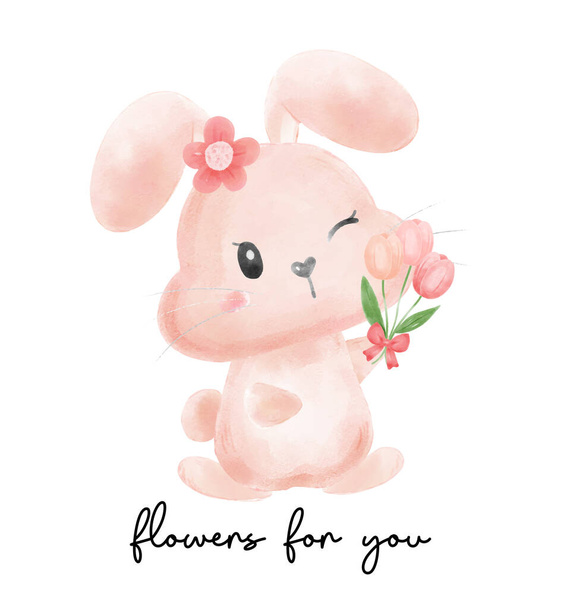 cute bunny rabbit girl smile face flowers for you cartoon watercolour vector, baby bunny  - Vector, Image