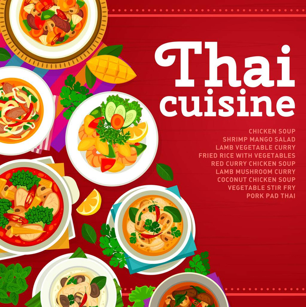 Thajská kuchyně restaurace menu pokrýt šablonu. Kuřecí polévka, salát s krevetami a mangem, červené kari a kokosová kuřecí polévka, vepřová polívka Thajské nudlové smažené maso, jehněčí houba a zeleninové kari - Vektor, obrázek