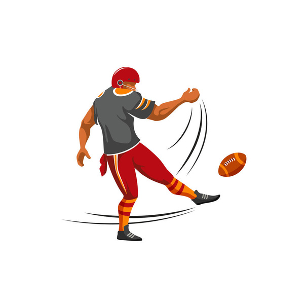 Quarterback o kicker jugador de fútbol americano vector de carácter. Jugador de fútbol americano deporte en casco con pelota en acción - Vector, imagen