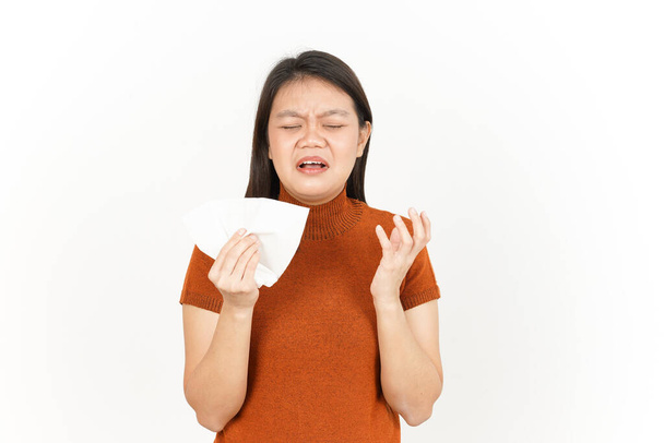 Holding Tissue and Cry Of Beautiful Asian Woman Isolated On White Background - Zdjęcie, obraz