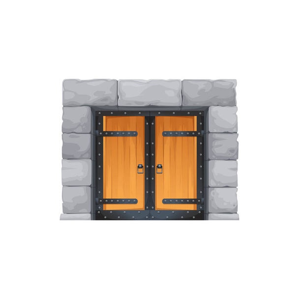 Kwadratowe drzwi zamku, wektor kreskówek średniowieczna brama z drewnianymi drzwiami i kamiennych drzwi jambs. Twierdza portal łukowy, bajkowy loch lub pałac łukowe wejście. Odizolowana zewnętrzna strona świątyni z nitowaną podróbką - Wektor, obraz