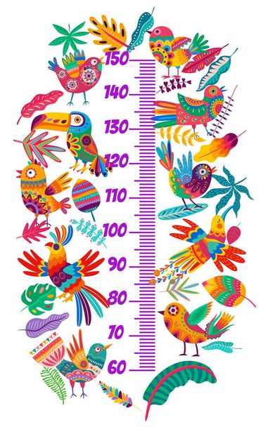 Tableau de hauteur pour enfants avec oiseaux alebrije lumineux, échelle de règle de mesure de croissance vectorielle avec dessin animé papier mexicain artisanat colibri, fleurs, perroquet ou toucan et feuilles de palmier - Vecteur, image