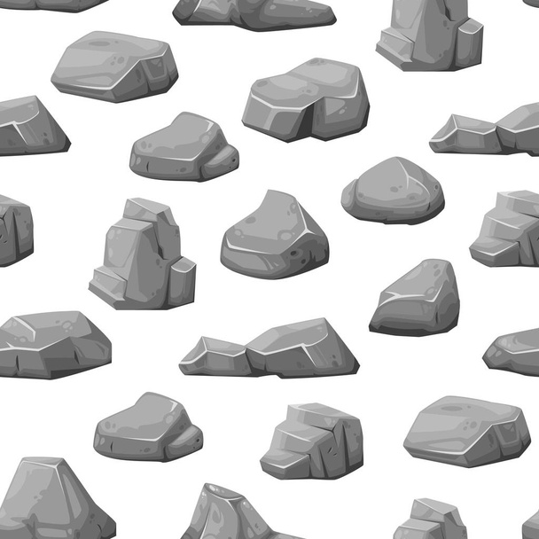 Szare kamienie skalne i głazy, gruz żwir i bruk, wektor bezszwowe tło wzór. Szare kamienie kreskówkowe lub gruzy bloków gruzu, granitowe kamienie skalne i pęknięty wzór żwiru górskiego - Wektor, obraz
