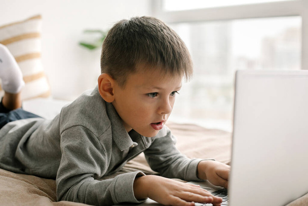 6-7 jaar jongen met behulp van laptop voor onderwijs. Concept van online onderwijs, thuisonderwijs - Foto, afbeelding