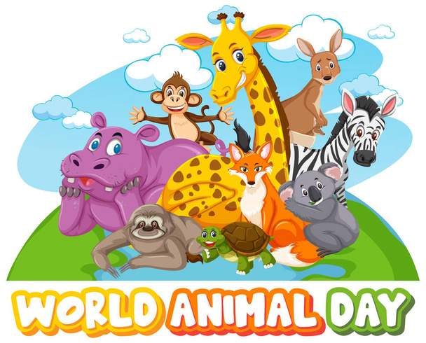 Παγκόσμια Ημέρα των Ζώων πανό με άγρια ζώα στην απεικόνιση στυλ κινουμένων σχεδίων - Διάνυσμα, εικόνα