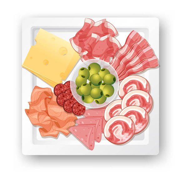 Набор мясных блюд с различными мясными блюдами на блюдечке - Вектор,изображение