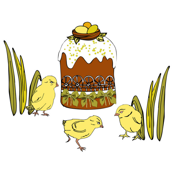 Pollos amarillos y un huevo roto con un ramo de lirios del valle. Conjunto de elementos para crear tarjetas de diseño, invitaciones, póster, banner sobre el tema de Pascua - Vector, imagen