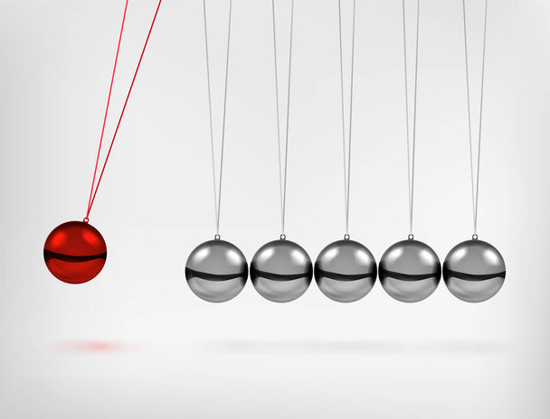 Newtons pêndulo de berço com esferas balançando bola de metal vermelho 3d ilustração vetorial realista. - Vetor, Imagem