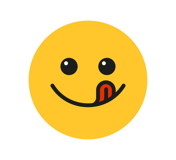 Yummy hymy emoji kielen nuolla suu. Herkullinen maukas ruoka symboli sosiaalinen verkosto. Herkullinen ja nälkäinen ikoni. Suolaista gourmetia. Nauti ruokakyltistä. Vector kuva eristetty valkoisella taustalla - Vektori, kuva